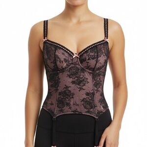 Cacique 38DD‎ Black Pink Lace Corset Bustier Merry Widow Garter Gothic Coquette